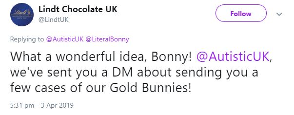 Tweet from @LindtUK reading "What a wonderful idea, Bonny! @AutisticUK, we've sent you a DM about sending you a few cases of our Gold Bunnies!"