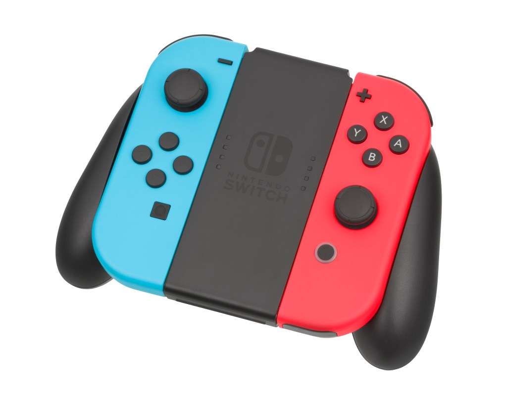 Stock image of two Nintendo Switch Joy-Con in their controller grip.