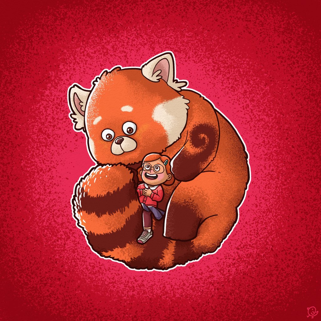 Fan art of Meilin Lee, in human and panda form, from the Disney/Pixar film "Turning Red"